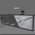 Modern Stylish Bar Counter With Marble Top Wine Bottles Glasses And Bar Stools