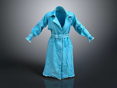 Blue Denim Trench Coat With Belt Lapel Collar Long Sleeves And Fringed Edges 3d model