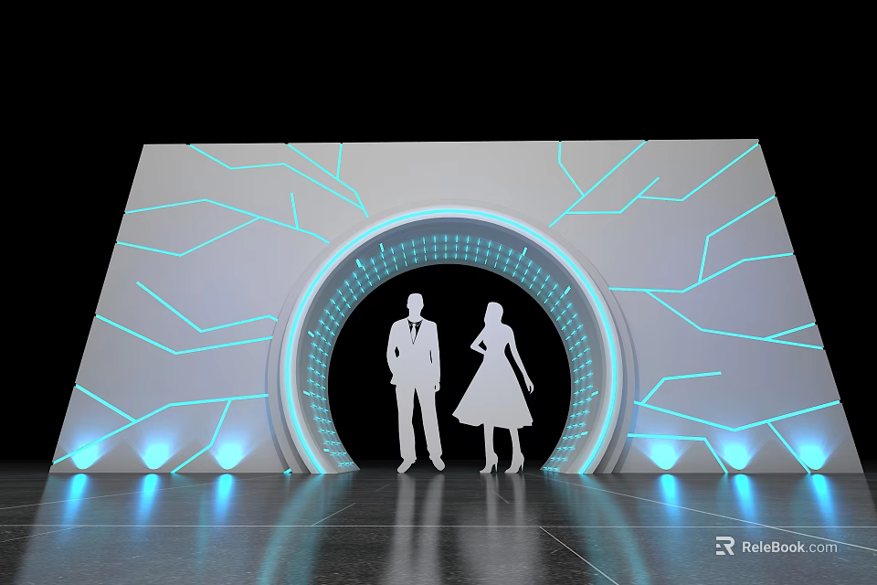 Futuristic Stage Design With Couple Silhouette Blue Lines And Reflective Floor 3d model 