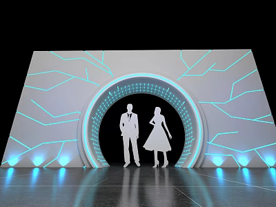 Futuristic Stage Design With Couple Silhouette Blue Lines And Reflective Floor 3d model