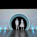 Futuristic Stage Design With Couple Silhouette Blue Lines And Reflective Floor