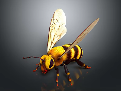Yellow Black Striped Bee With Transparent Wings On Shiny Dark Background 3d model