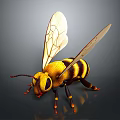 Yellow Black Striped Bee With Transparent Wings On Shiny Dark Background