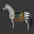 Zebra With Decorative Orange And Green Saddle Adorned With Fringed Tassels