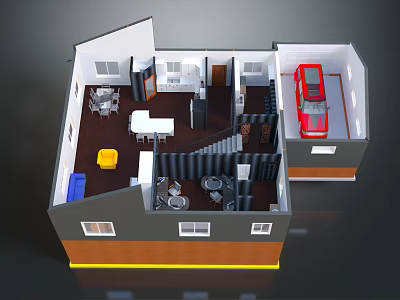 Cartoon House Interior 3D Layout with Living Room Kitchen Garage Furniture and Red Car 3d model