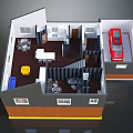 Cartoon House Interior 3D Layout with Living Room Kitchen Garage Furniture and Red Car