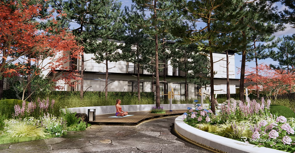 Residential Landscape Featuring Modern Building Lush Trees Vibrant Flowers Garden Pathway and Seating Area 3d model 