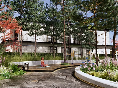 Residential Landscape Featuring Modern Building Lush Trees Vibrant Flowers Garden Pathway and Seating Area 3d model
