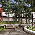 Residential Landscape Featuring Modern Building Lush Trees Vibrant Flowers Garden Pathway and Seating Area
