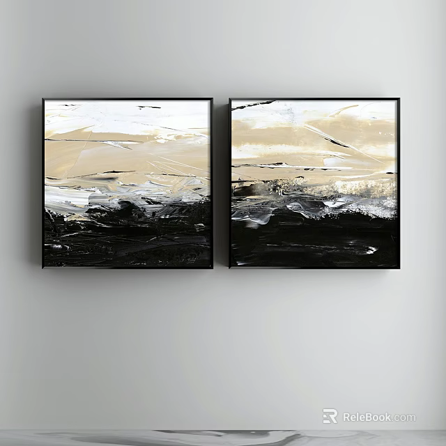 Abstract Paintings Two Panel Wall Decor With Neutral Black White Beige Tones Textured Brushstrokes Dynamic Layers 3d model