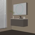 Modern Gray Wall Mounted Bathroom Vanity with Round Backlit Mirror White Blinds and Green Plant