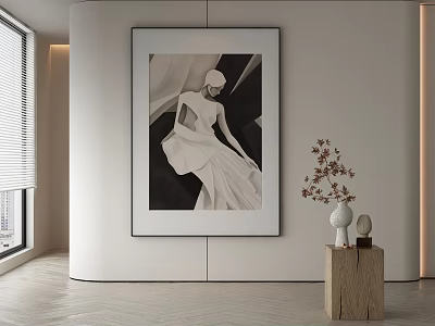 Modern Minimalist Interior With Black White Figure Painting On Wall Wooden Table And Vase 3d model