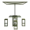 Sturdy Outdoor Table with Square Top and Canopy Umbrella and Four Stools 3d model
