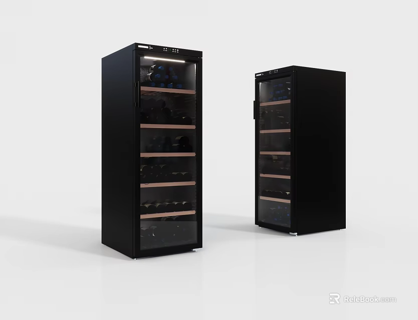 Two Black Modern Wine Coolers With Glass Doors And Multiple Storage Shelves 3d model 