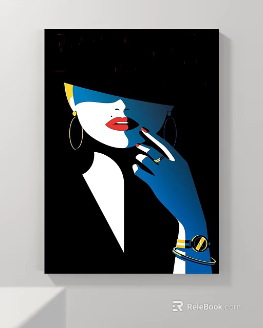 Female Portrait Painting With Blue White Face Red Lips Gold Earrings Ring Bracelet On Black 3d model 