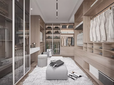 Modern Wooden Walk In Closet With Open Shelves Hanging Clothes And Soft Area Rug 3d model
