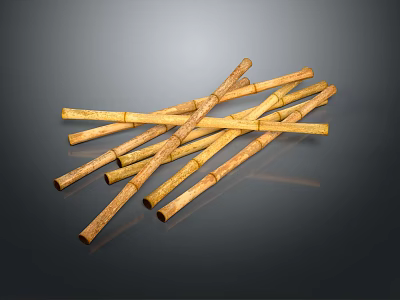 Natural Yellow Bamboo Sticks Arranged Crossed On Dark Reflective Surface 3d model