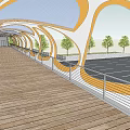Pedestrian Bridge With Unique Circular Frame Over Parking Lot Featuring Street Lights And Trees