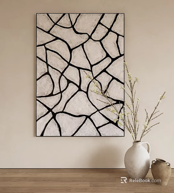 Abstract Painting with Interconnected Black Lines and Neutral Beige Texture Design 3d model