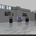 Modern Exhibition Hall With Marble Floor Landscape Paintings Display Stands And Digital Screens