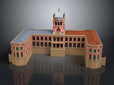 Ancient Architecture With Symmetrical Structure Central Tower Flag Blue Orange Roofs Arched Windows 3d model