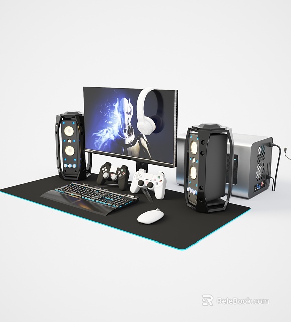 Gaming Computer Setup With Monitor PC Case Headphones Keyboard Mouse And Controllers 3d model 