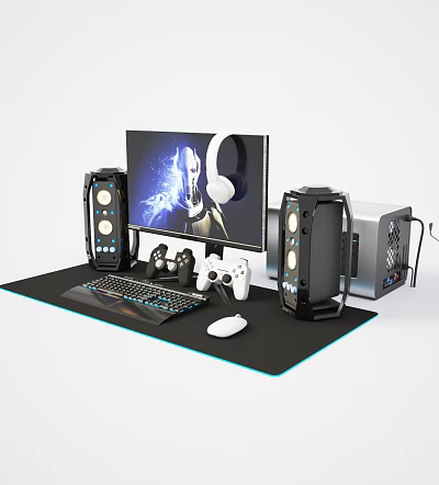 Gaming Computer Setup With Monitor PC Case Headphones Keyboard Mouse And Controllers 3d model