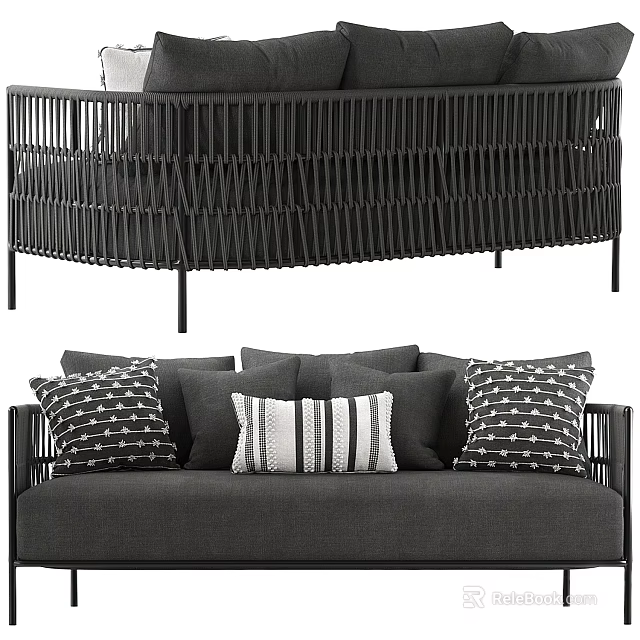 Modern Sectional Sofa with Black Woven Frame Gray Cushions and Geometric Pattern Pillows 3d model
