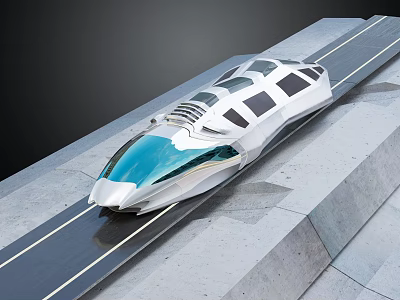 Futuristic High Speed Train With Streamlined White Blue Exterior On Concrete Rail Track 3d model