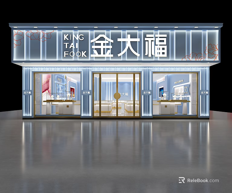 King Tai Fook Luxury Jewelry Store Modern Storefront With Glass Doors And Display Cases 3d model 
