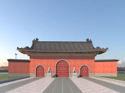 Ancient Chinese Architectural Main Gate with Red Walls Black Roof Ornate Eaves and Stone Lions 3d model