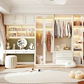 Bright Spacious Walk In Closet Interior With White Cabinets Hanging Clothes Mirror Stool And Rug