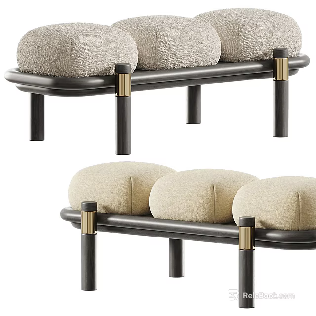Elegant Boucle Upholstered Sofa Stool With Soft Padded Cushions And Brass Accented Metal Legs 3d model 