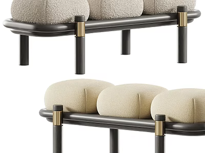 Elegant Boucle Upholstered Sofa Stool With Soft Padded Cushions And Brass Accented Metal Legs 3d model