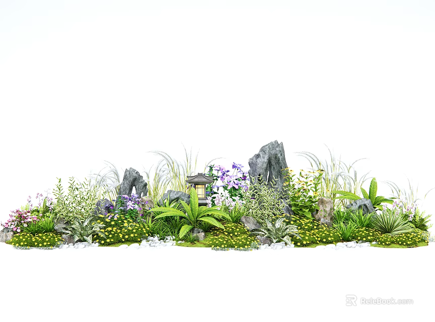 Lush Garden Flowers Display With Rocks Small Plants Grass And Fresh Greenery 3d model 