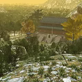 Traditional Chinese Architecture with Tile Roof Stone Steps Traditional Clothing People Ginkgo Trees and Mountain