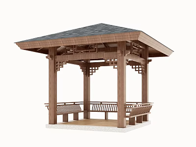 Outdoor Traditional Wooden Pavilion With Ornate Roof And Bench Seating 3d model