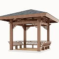 Outdoor Traditional Wooden Pavilion With Ornate Roof And Bench Seating