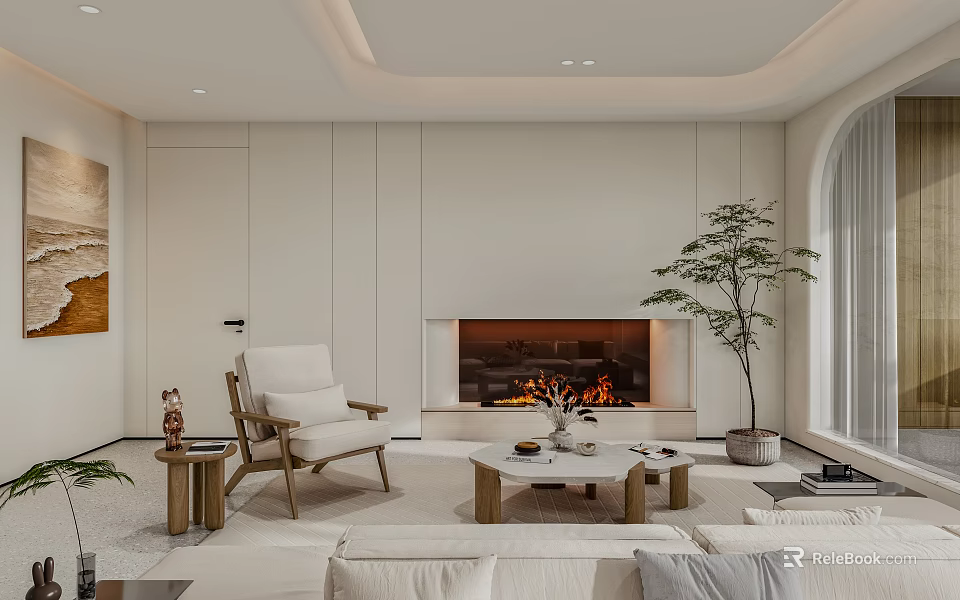 Elegant Modern Dining Living Room Interior With Fireplace Sofa Coffee Table And Indoor Plant 3d model 
