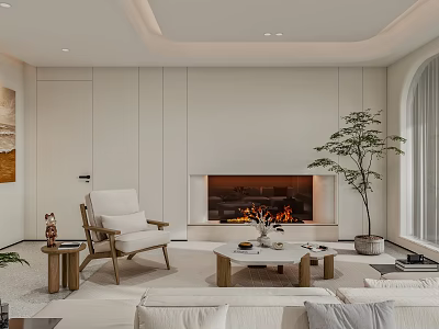 Elegant Modern Dining Living Room Interior With Fireplace Sofa Coffee Table And Indoor Plant 3d model