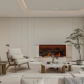 Elegant Modern Dining Living Room Interior With Fireplace Sofa Coffee Table And Indoor Plant