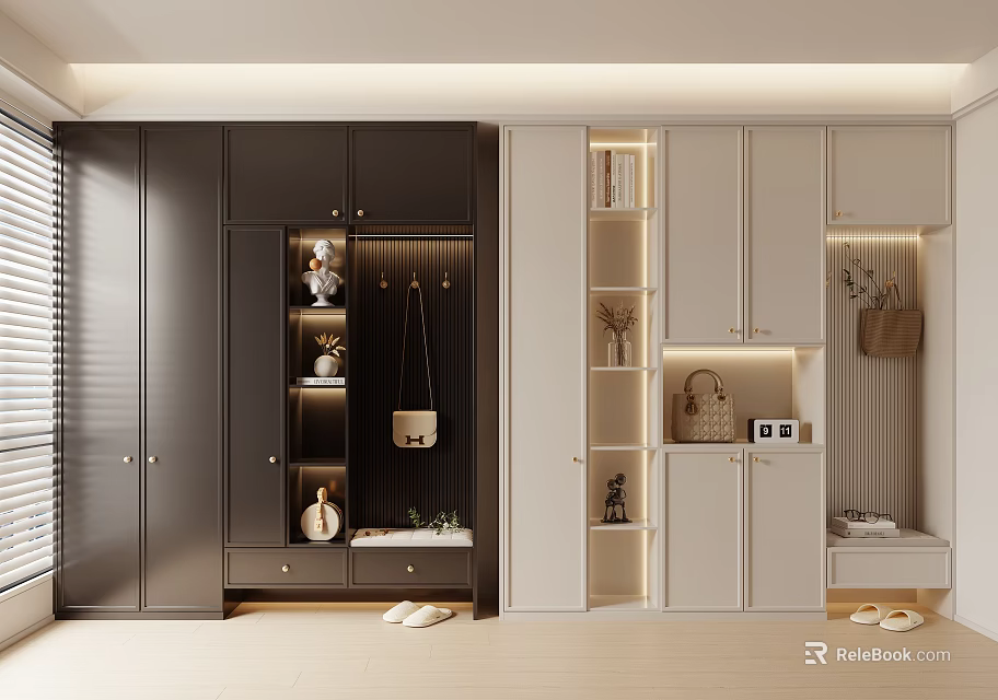 Modern Shoe Cabinet With Dark And Light Color Storage Display Shelves And Hanging Space 3d model 