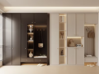 Modern Shoe Cabinet With Dark And Light Color Storage Display Shelves And Hanging Space 3d model