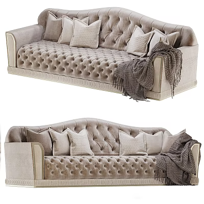 Elegant Beige Tufted Sofa With Soft Pillows And Warm Throw Blanket 3d model