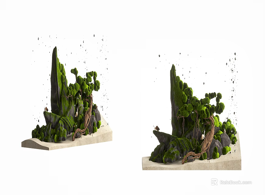 Artistic Miniature Bonsai Plant With Green Foliage And Natural Stone Base 3d model 
