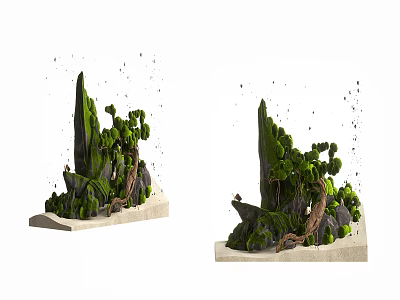 Artistic Miniature Bonsai Plant With Green Foliage And Natural Stone Base 3d model