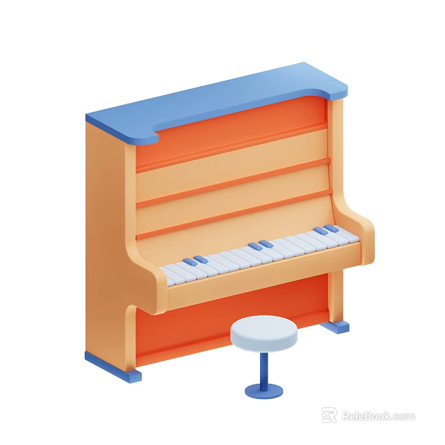 Colorful Toy Piano Musical Instrument With Blue Top Orange Body White Keys And Small Stool 3d model 