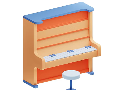 Colorful Toy Piano Musical Instrument With Blue Top Orange Body White Keys And Small Stool 3d model