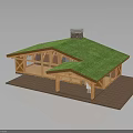 Wooden Frame Building With Green Grass Roof Stone Chimney And Large Windows