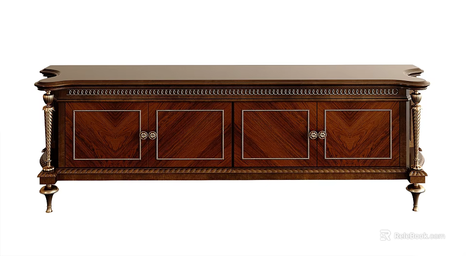 Elegant Dark Wooden TV Stand With Symmetrical Cabinet Doors And Carved Trim 3d model 